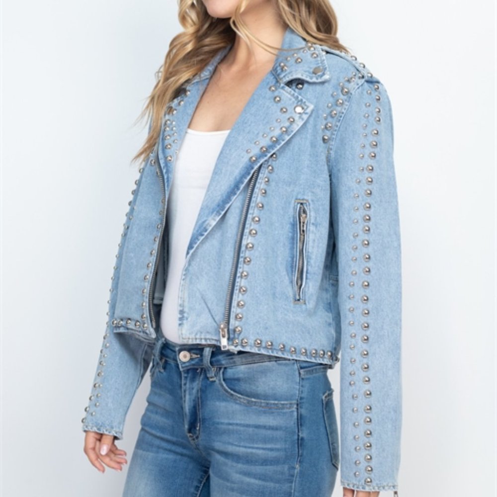 Light Blue Denim Studded Jacket - Picture 3 of 13